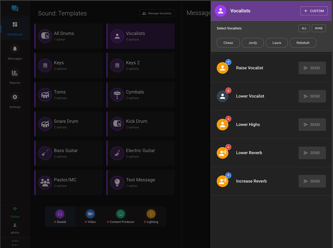Church Alerts Admin Dashboard showing station management and alert sending interface