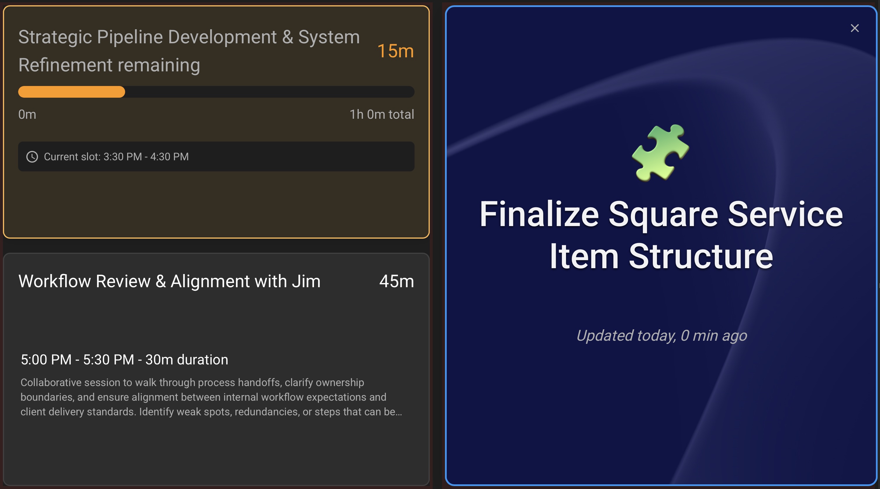 Personal Dashboard Interface showing current task, calendar events, and countdown timer