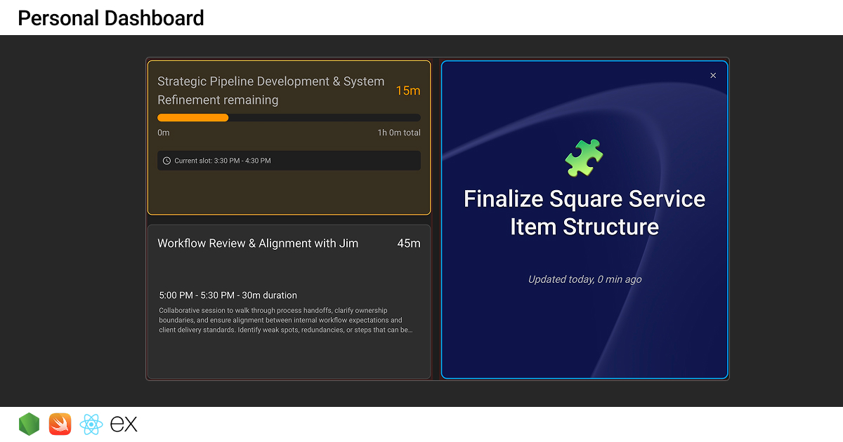 Personal Dashboard showing tasks and calendar events
